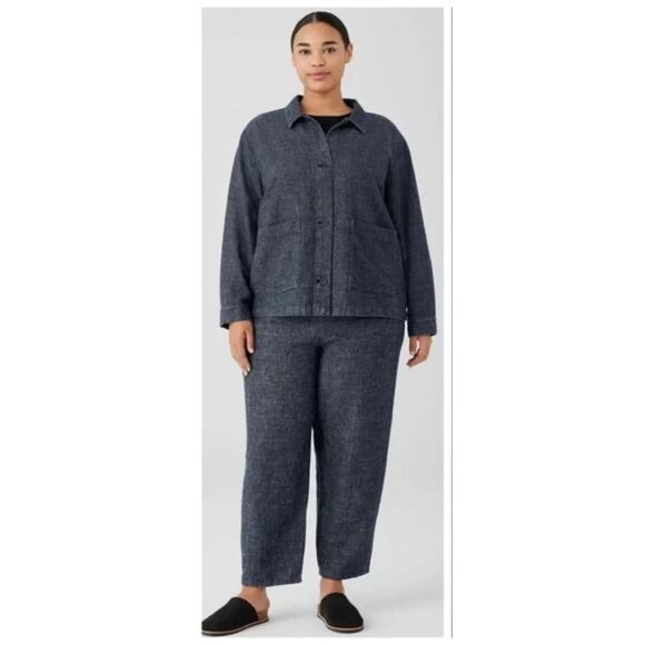 Eileen Fisher Outfit Set Suit Tweedy Hemp Cotton Classic Collar Denim Blue - Picture 1 of 15